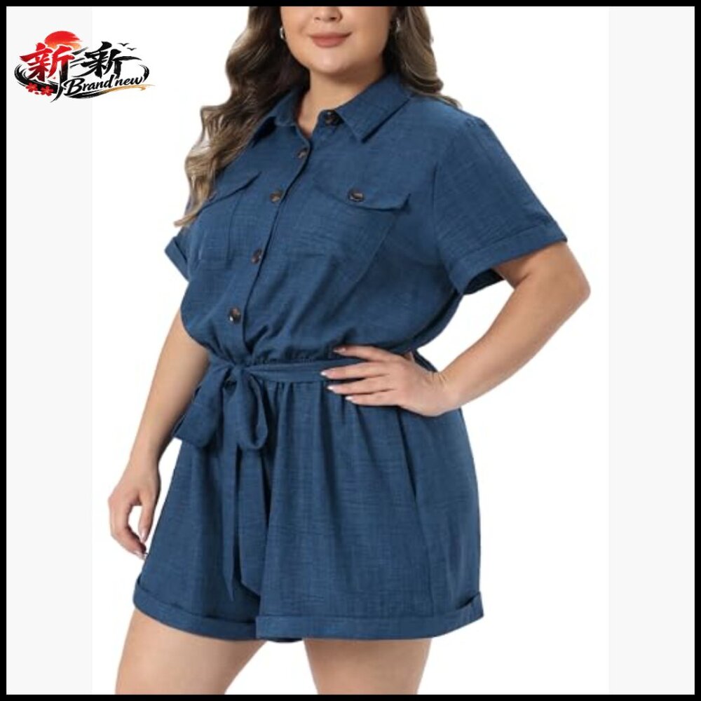 Plus Size Romper with Button Down Roll Sleeves an… - image 2